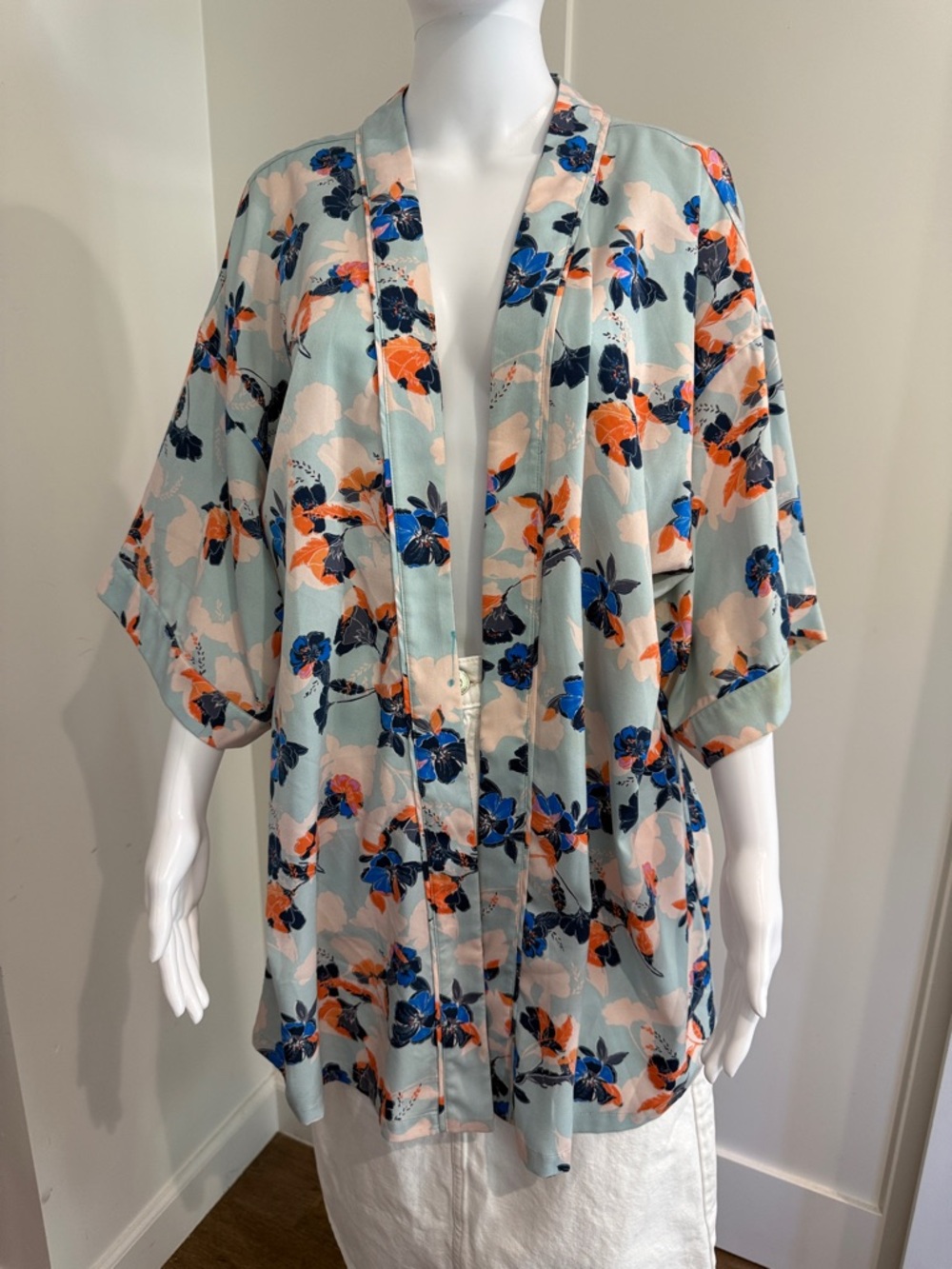 Floral Open-Front Kimono in Mint, Navy & Coral